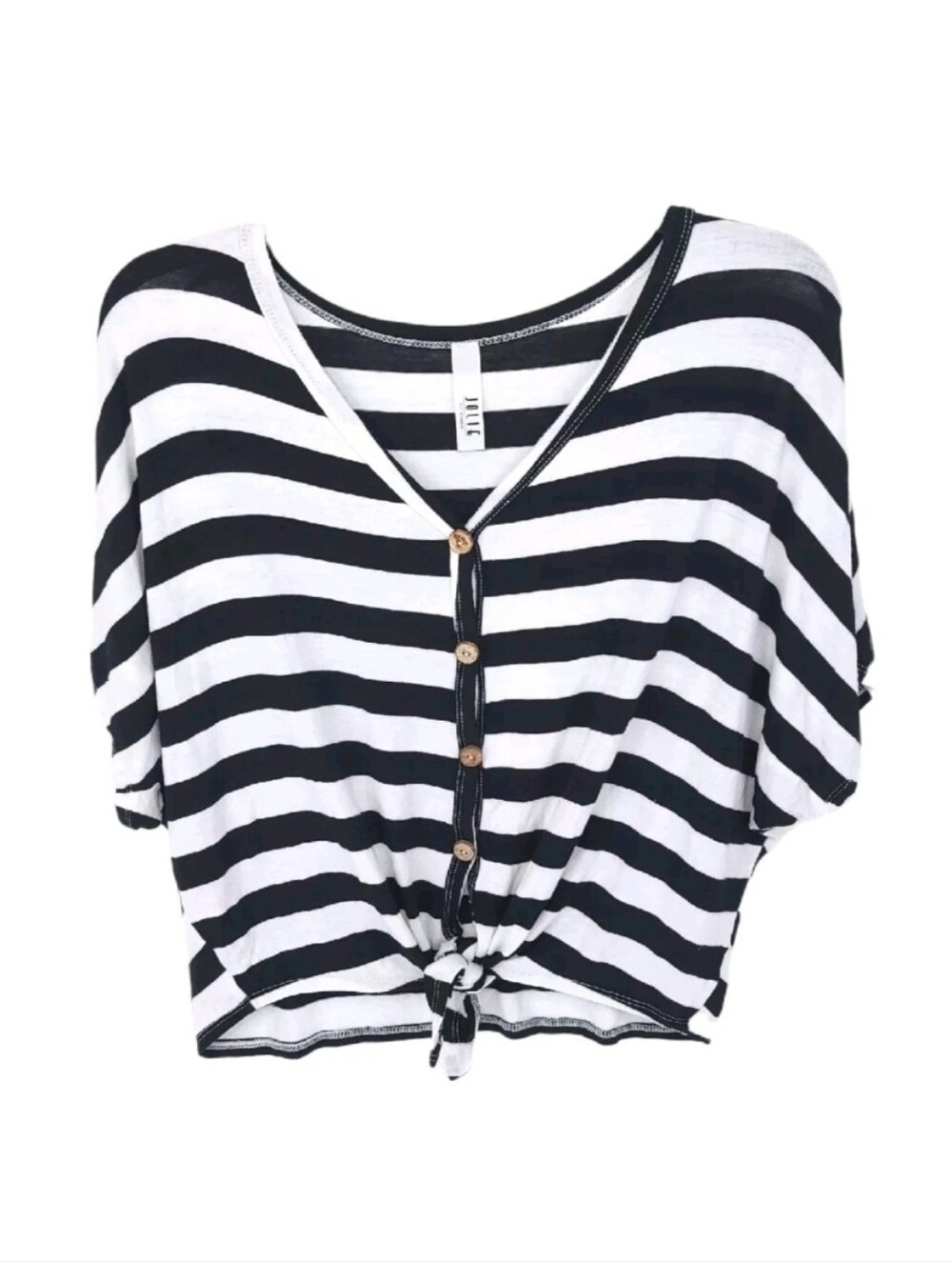 Jolie Top Womens Medium Cropped Tie Knit Striped Shirt Dolman Coconut Buttons